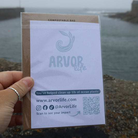 Hand holding a greeting card im a compostable bag with Arvor Life message on the back by a coastal background