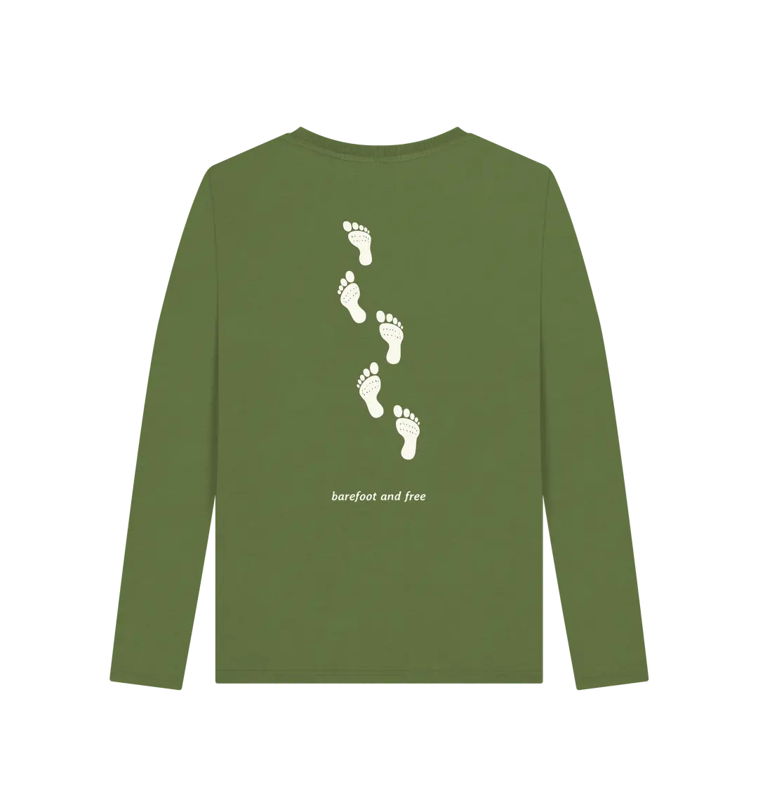 Khaki Printed Long Sleeve T Shirt Back Eco-friendly organic cotton women’s barefoot lifestyle shirt