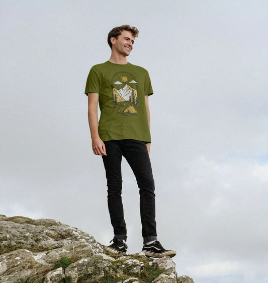 Eco-friendly adventure t-shirt for men with sun, trees, and mountain design