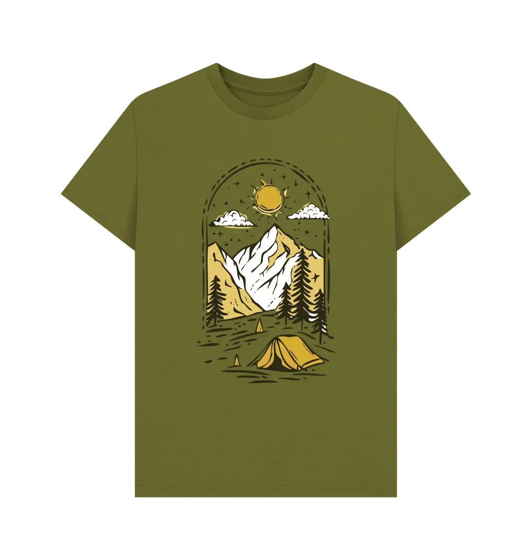 Camping Under The Mountain men’s t-shirt with mountain and tent back motif