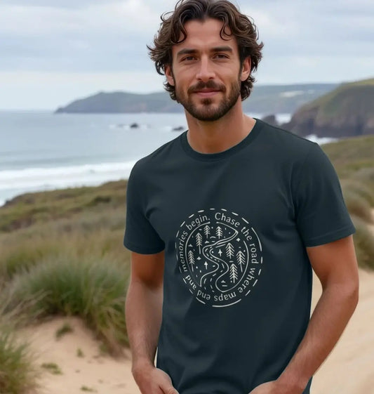 Denim Blue Van Life T-shirt Eco-friendly men’s organic cotton t-shirt with road into wilderness graphic