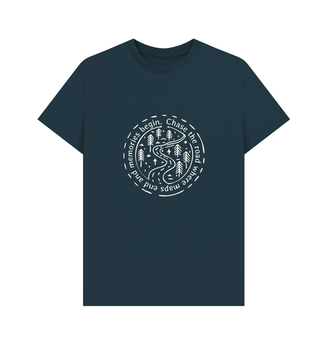 Denim Blue Printed T-shirt Front Adventure graphic tee for men with road into wilderness front design