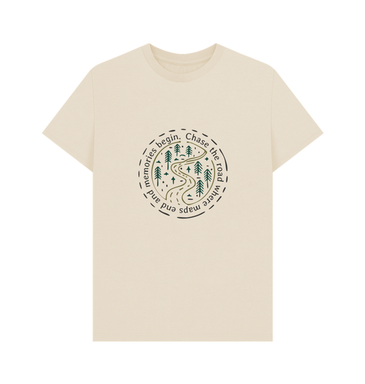 Oat Printed T-shirt Front Sustainable travel and adventure t-shirt featuring road trip design