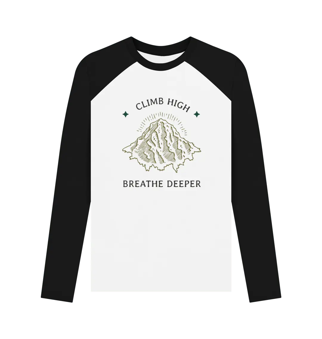 Black-White Printed Baseball T-shirt Front Outdoor lifestyle men’s long sleeve baseball top with climb high mountain design