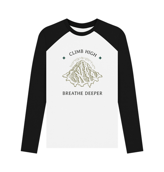 Black-White Printed Baseball T-shirt Front Outdoor lifestyle men’s long sleeve baseball top with climb high mountain design