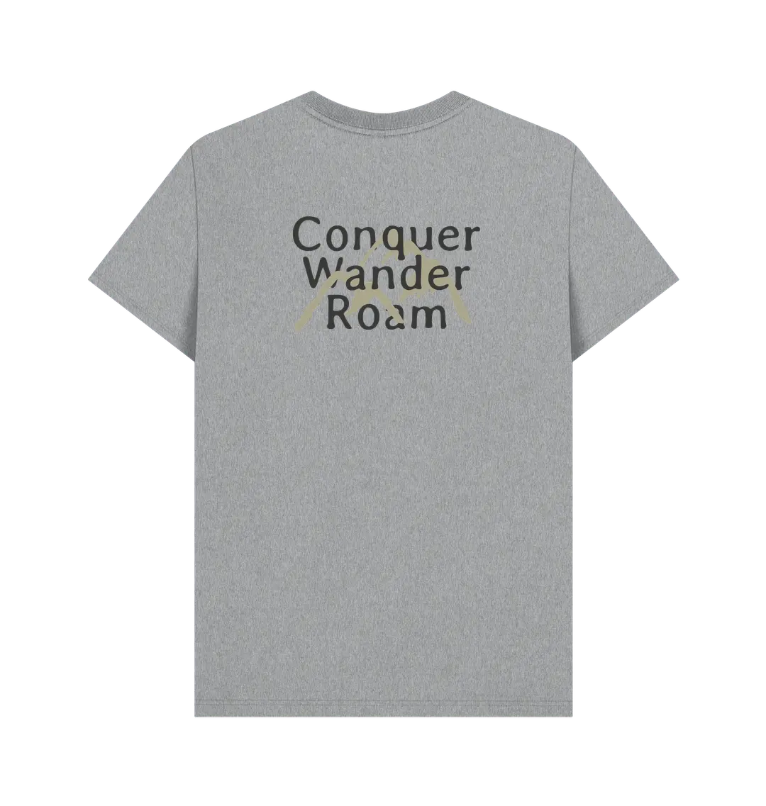 Conquer Wander Roam men’s adventure t-shirt with mountain back motif