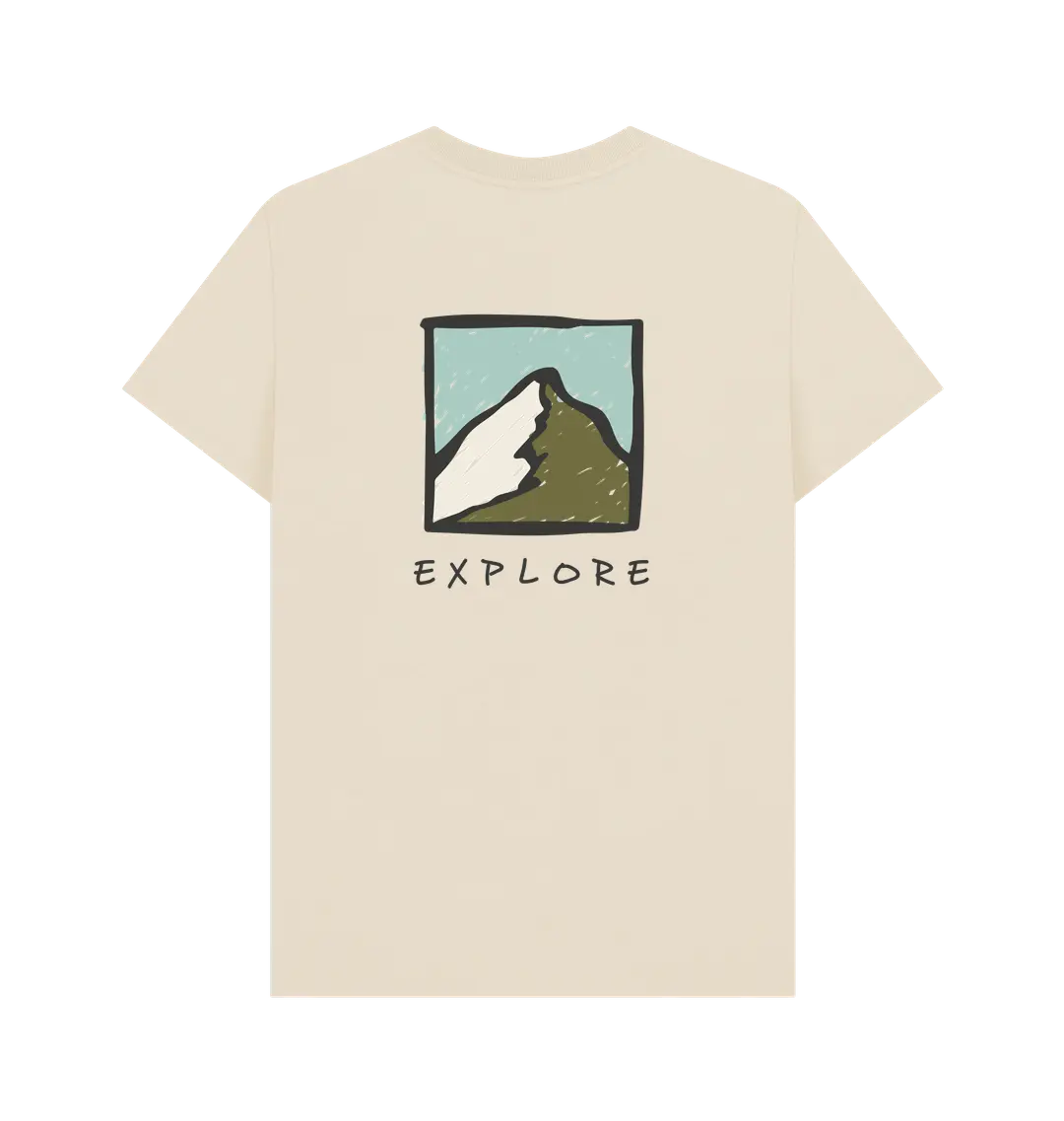 Organic cotton men’s adventure t-shirt with mountain back design