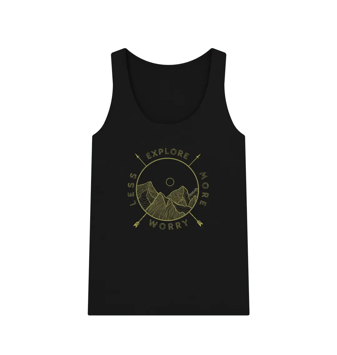 Explore More Worry Less Women's Adventure Vest Top Black Front with compass and mountain design
