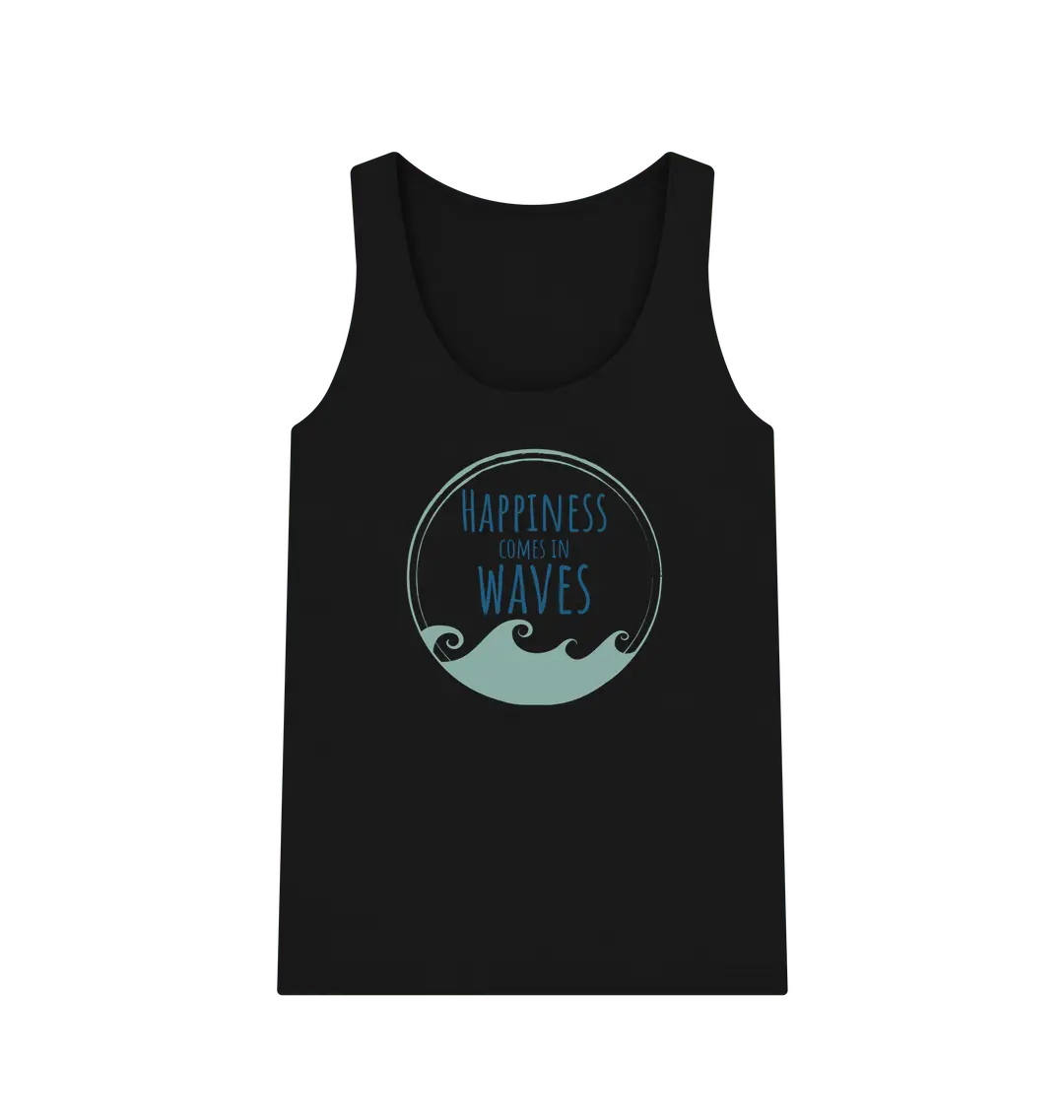 Happiness Comes In Waves Women's Vest Top Black Front Eco-friendly women’s wave graphic vest top with slogan