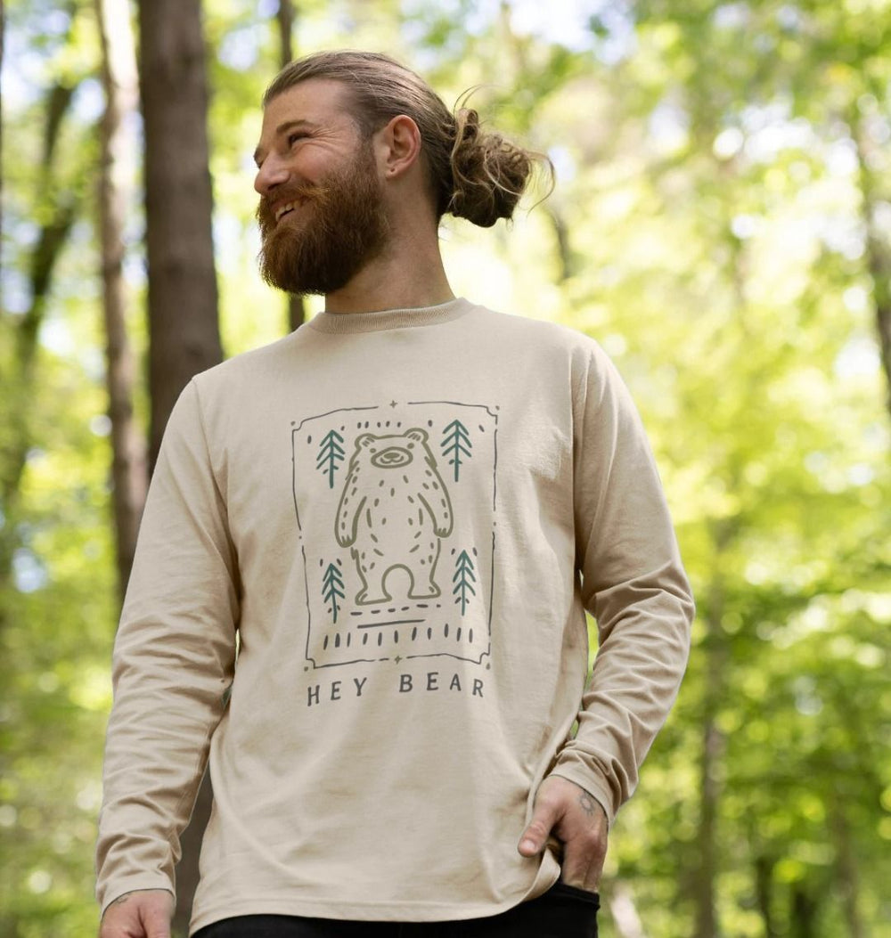 Hey Bear Oat colour men’s long-sleeved top with bear in the woods design