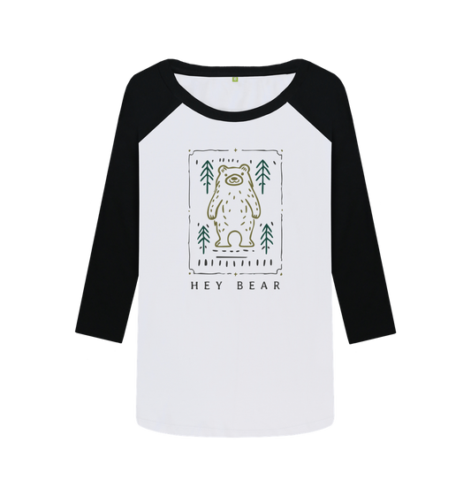 Hey Bear Women’s Baseball Top with bear in the woods design, eco-friendly long-sleeve adventure shirt