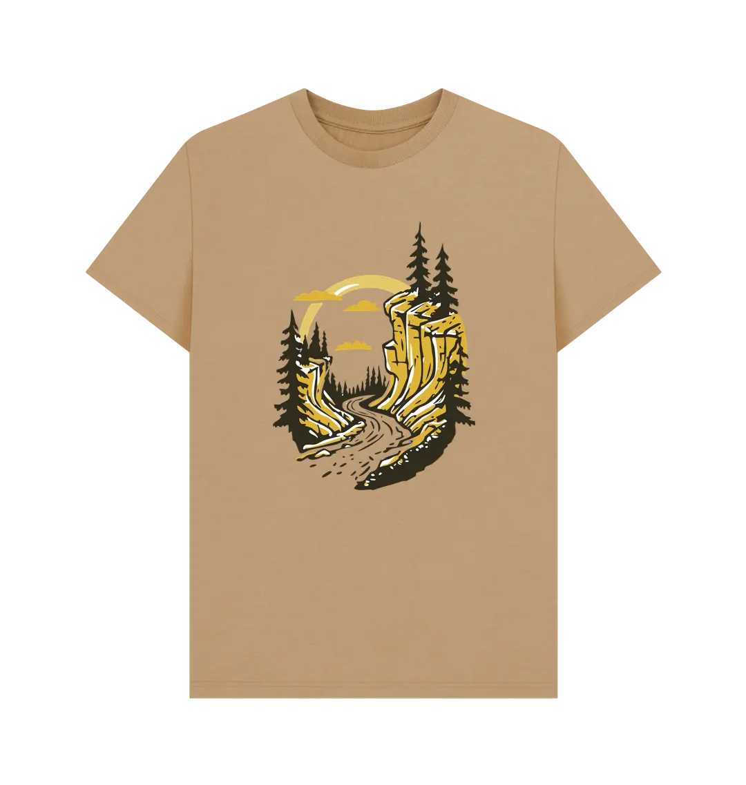 Adventure men’s t-shirt featuring hidden trail mountain landscape graphic