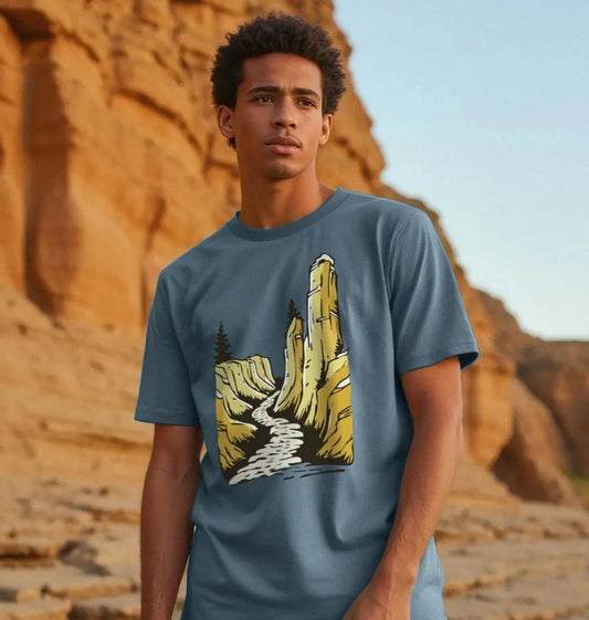 Eco-friendly adventure t-shirt for men with winding mountain trail graphic
