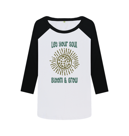 Let Your Soul Bloom and Grow Women’s Baseball Top with floral design and inspirational message, eco-friendly long-sleeve adventure shirt