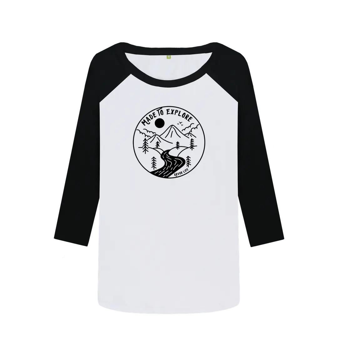 Black-White Printed Baseball T-shirt Front Wilderness adventure baseball top for women with Made to Explore motif