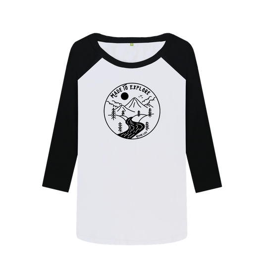 Black-White Printed Baseball T-shirt Front Wilderness adventure baseball top for women with Made to Explore motif