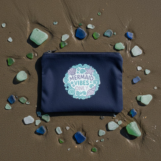 Navy blue pouch with 'Mermaid Vibes Only' design on a white background for summer accessories