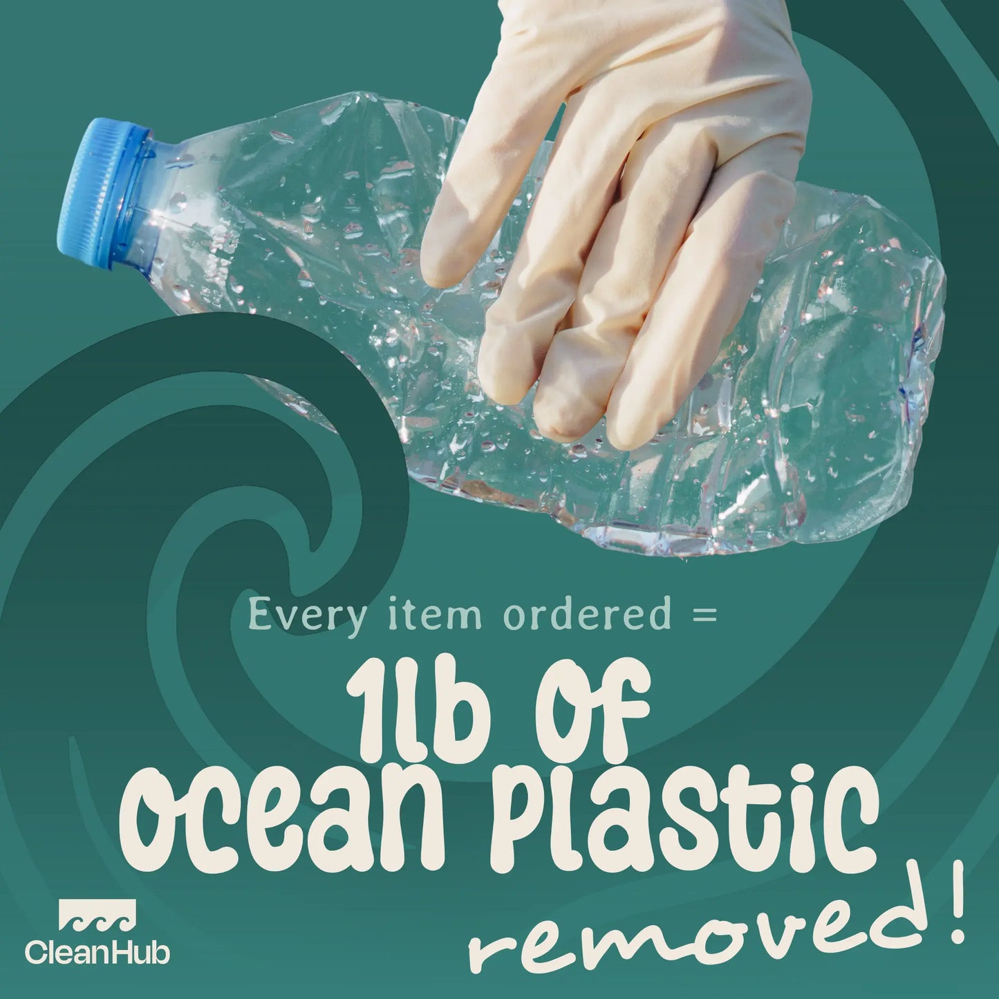 Hand wearing a glove holding a crumpled plastic bottle with text about ocean plastic removal on a teal background. Arvor Life funds the removal of 1lb of ocean-bound plastic for every item sold.