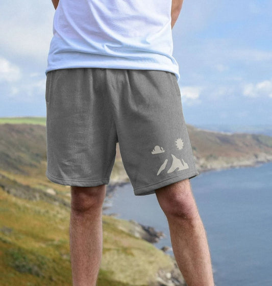 The Summit Men’s Shorts with mountain peak design, eco-friendly jogger shorts for hikers and outdoor adventure