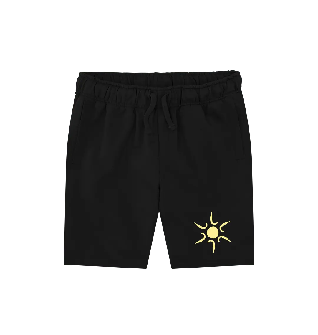 Black Printed Mens Shorts Front Organic cotton men’s shorts with sun artwork