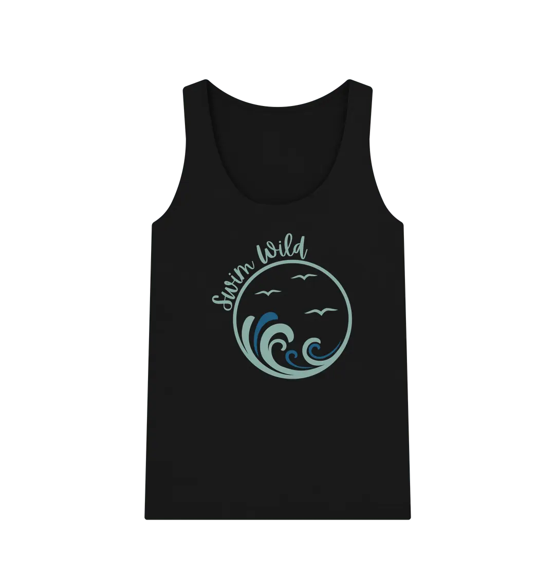 Swim Wild Women's Vest Top Black Front ecofriendly top with wave design