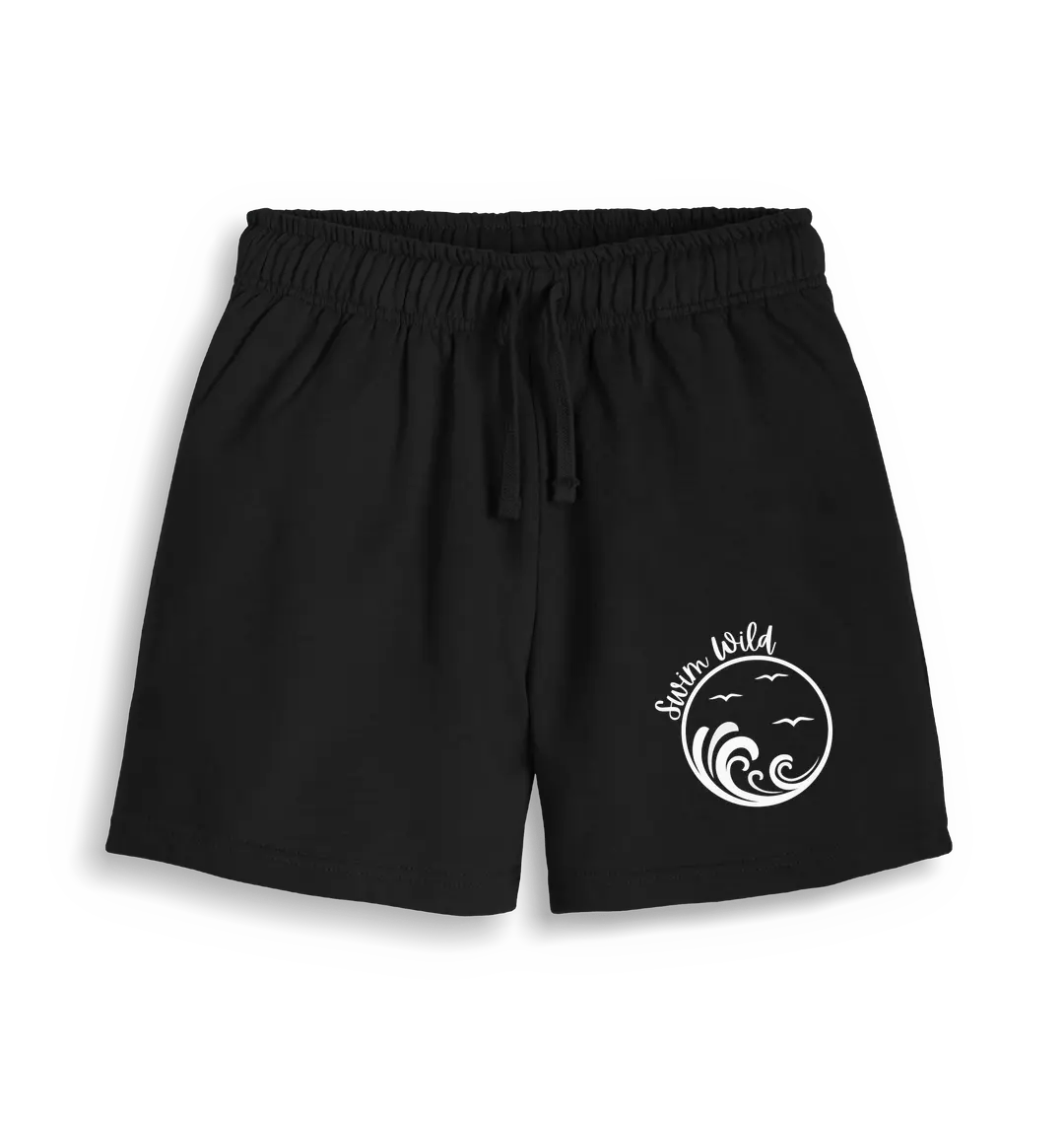 Black Printed Womens Joggers Front Casual post-swim shorts for women with Swim Wild design