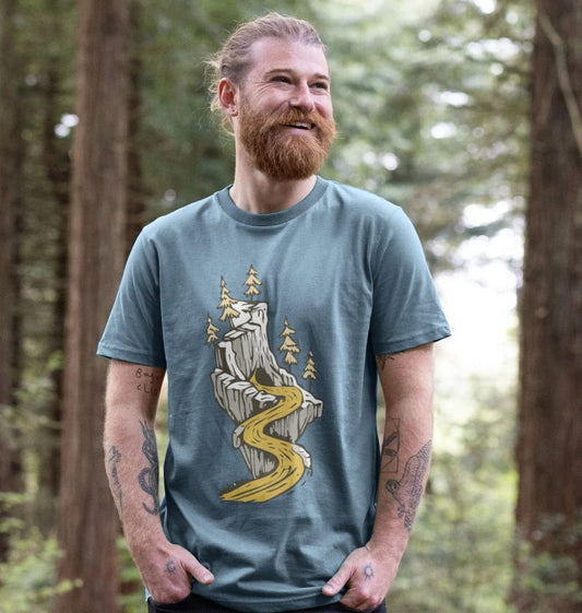 Eco-friendly hiking t-shirt for men with mountain path back graphic