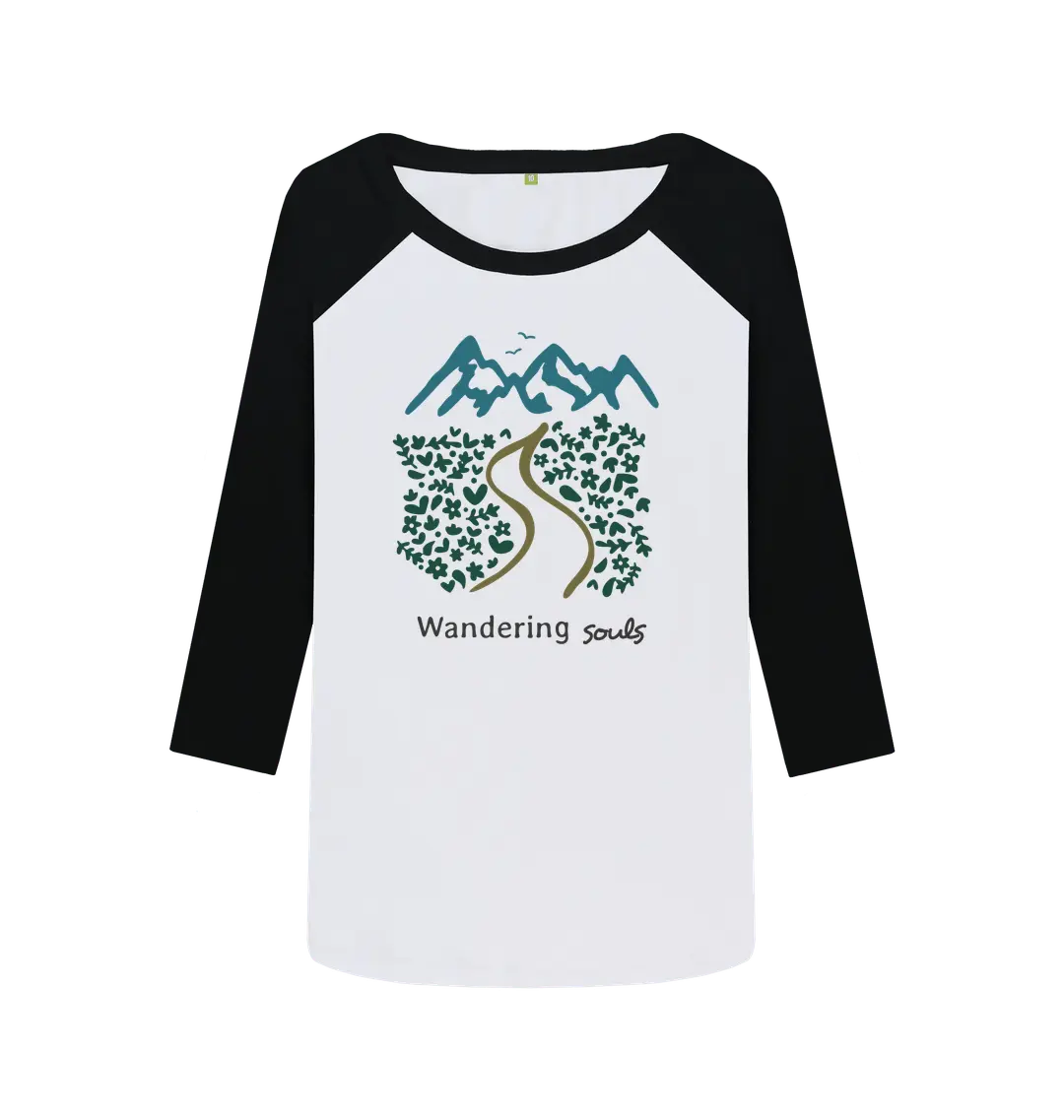 Wandering Souls Women’s Baseball Top with wilderness-inspired design, eco-friendly long-sleeve adventure shirt for outdoorsy women