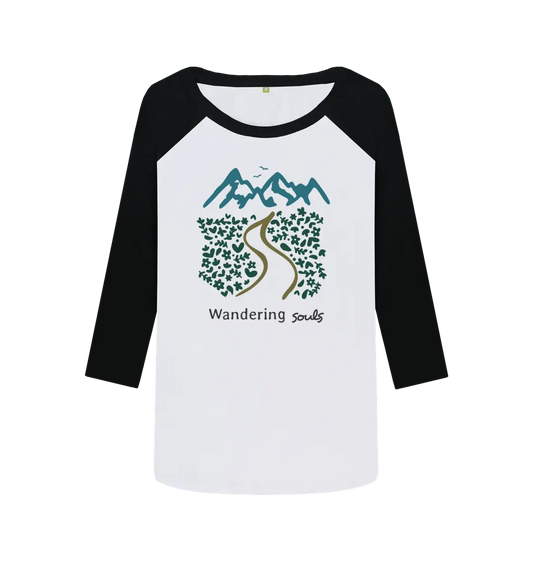 Wandering Souls Women’s Baseball Top with wilderness-inspired design, eco-friendly long-sleeve adventure shirt for outdoorsy women