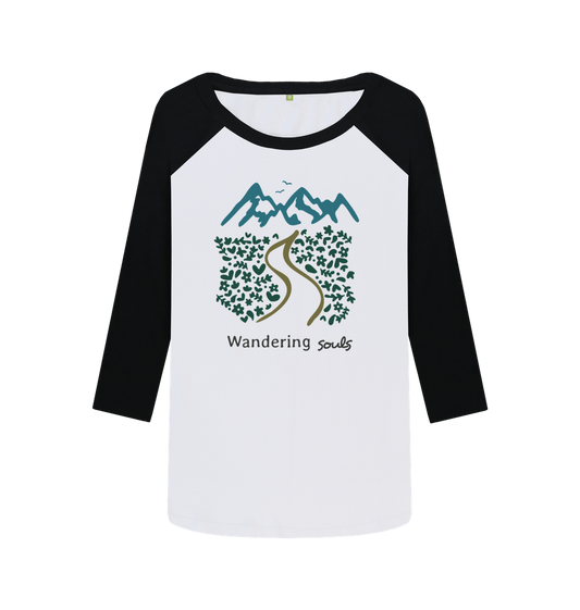 Wandering Souls Women’s Baseball Top with wilderness-inspired design, eco-friendly long-sleeve adventure shirt for outdoorsy women