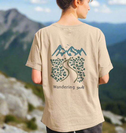 Wandering Souls Womenโs T-Shirt with wilderness design, eco-friendly outdoor adventure tee for women