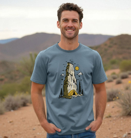 Eco-friendly men’s camping t-shirt with sun, trees, and outdoor scene