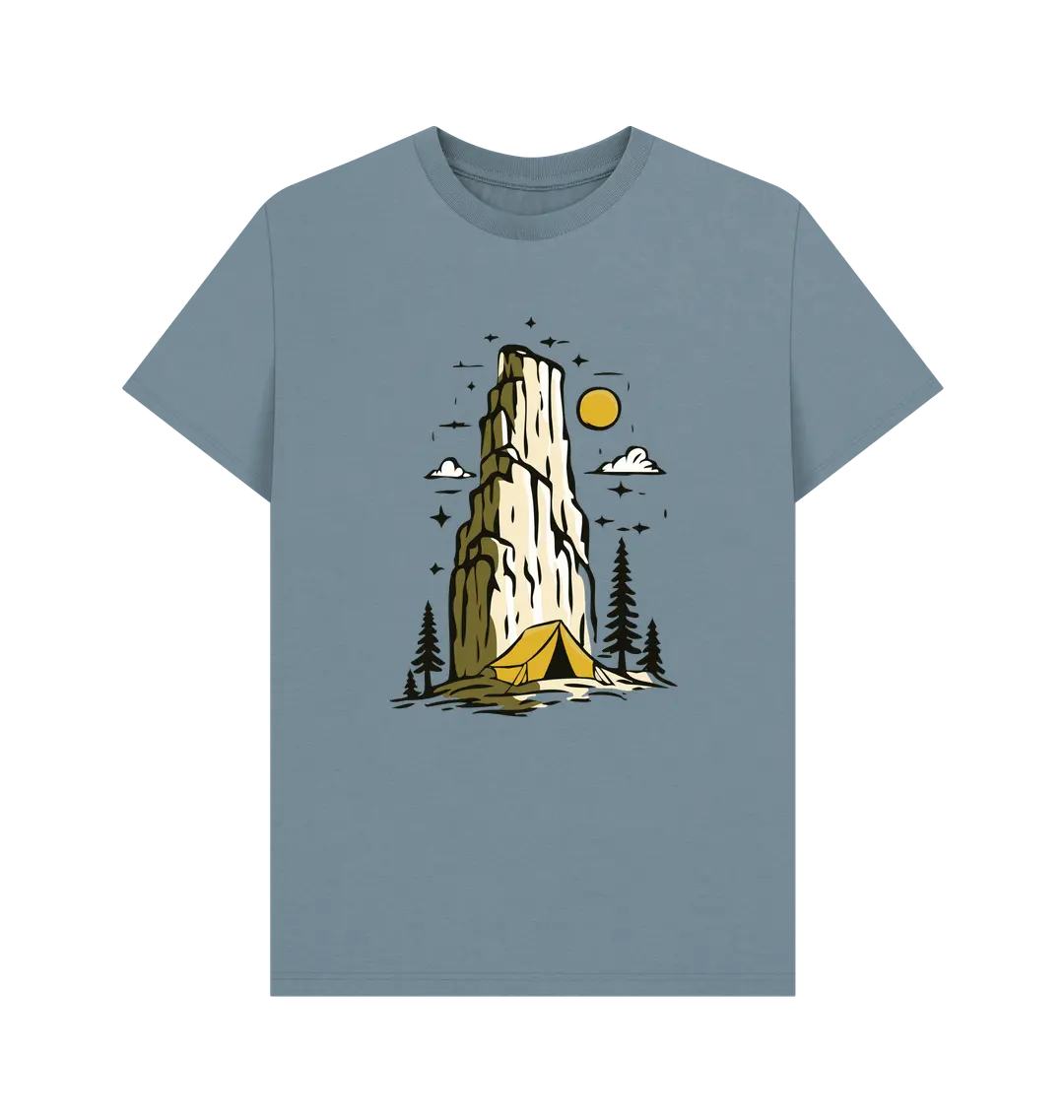 Wilderness Camping men’s adventure t-shirt with mountain and tent back design