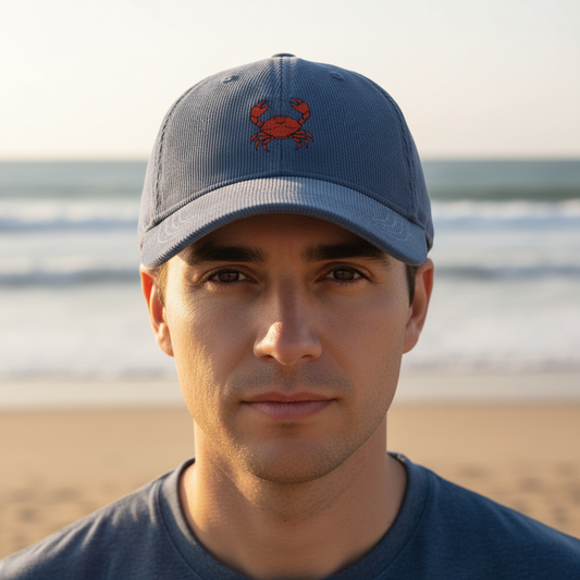 organic cotton blue cord cap with crab design