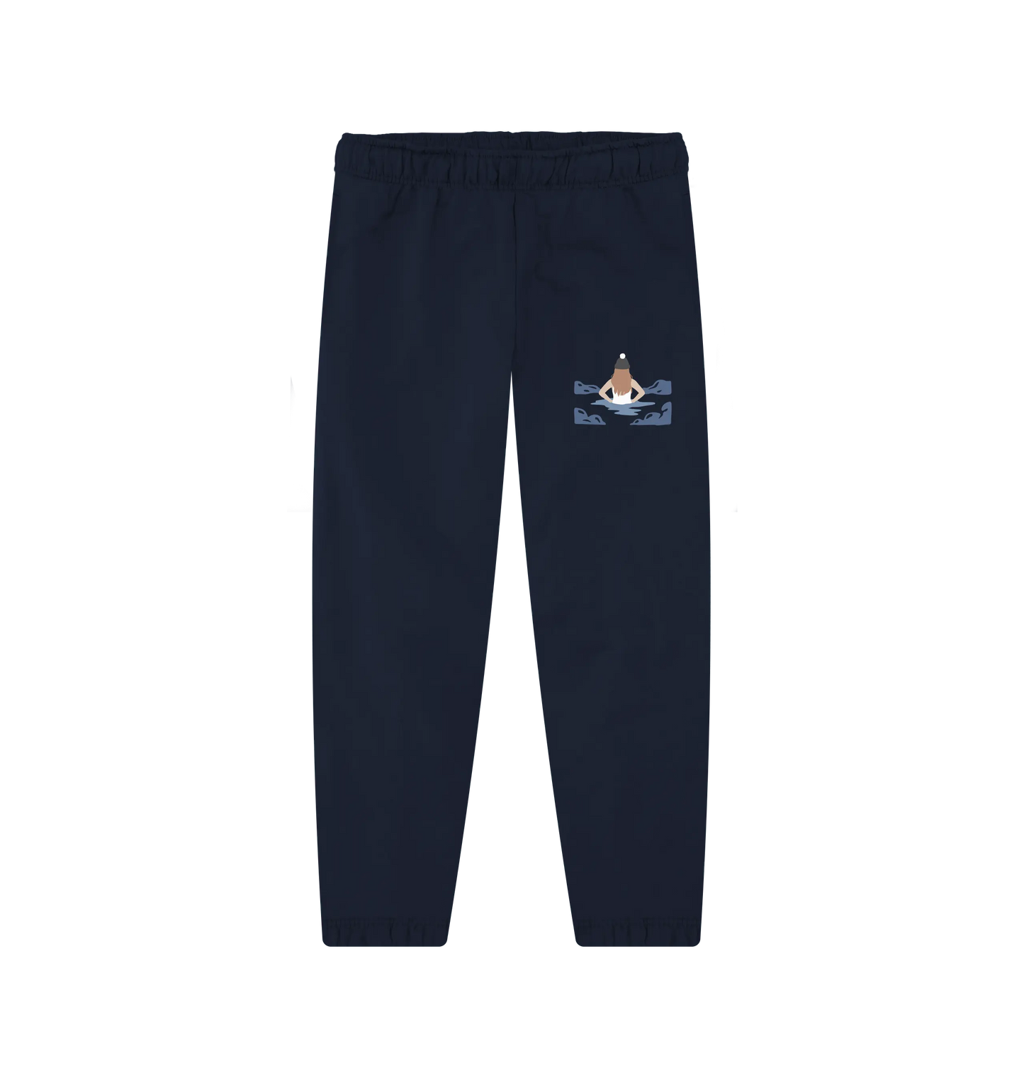 Women’s Wild Dipper Jogging Bottoms in Navy, organic cotton joggers perfect for wild swimming, coastal walks, and outdoor activities