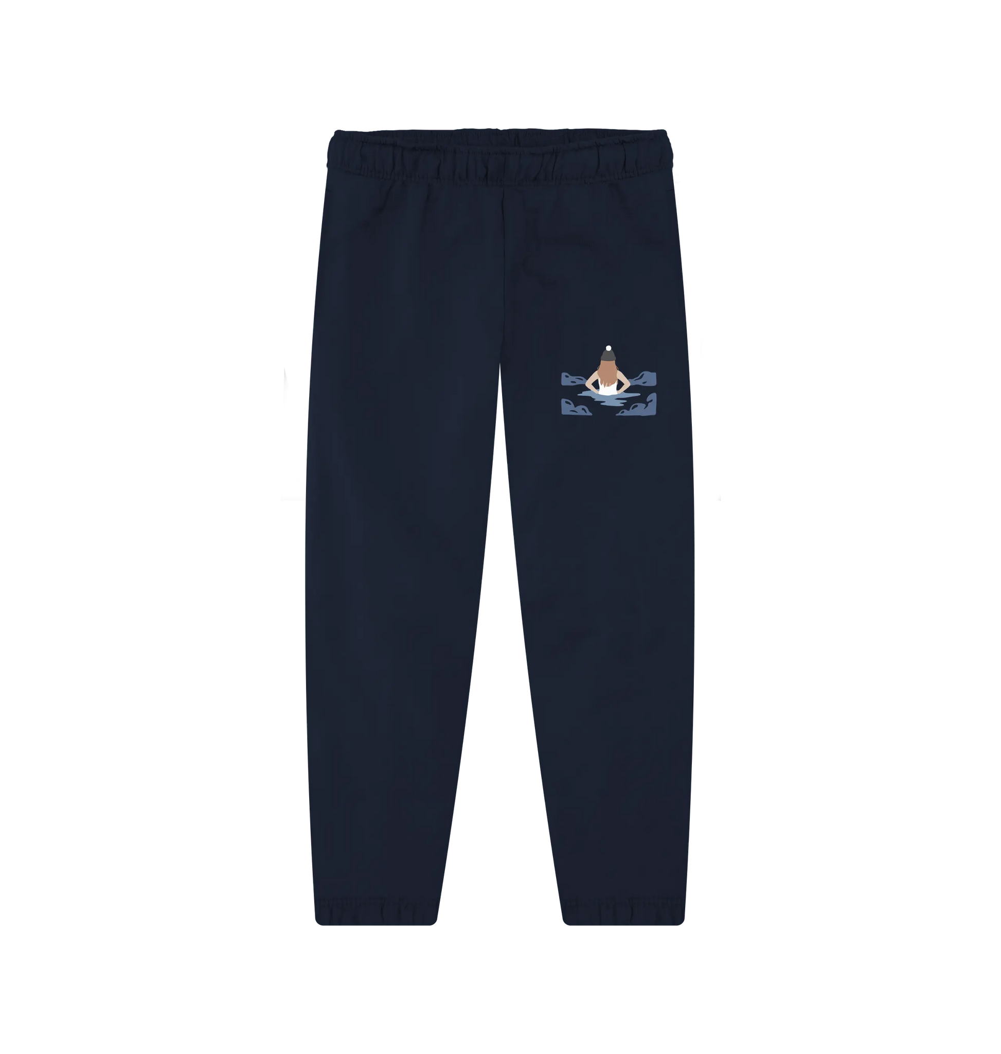 Women’s Wild Dipper Jogging Bottoms in Navy, organic cotton joggers perfect for wild swimming, coastal walks, and outdoor activities