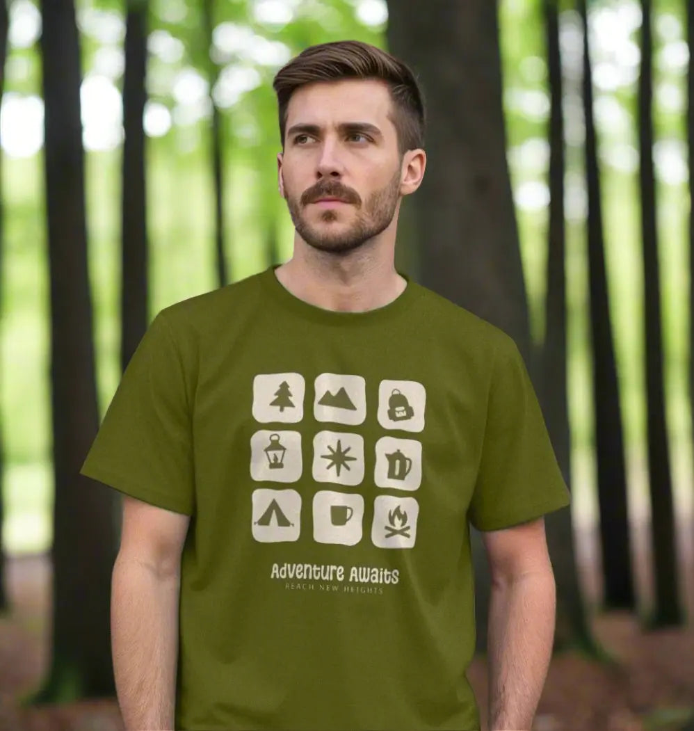 Adventure Awaits Men’s T-Shirt Moss Green Eco-friendly organic cotton adventure awaits tee for men