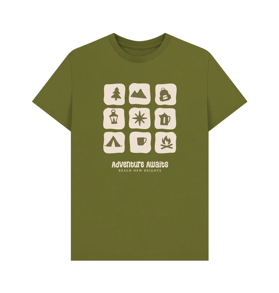 Moss Green Printed T-shirt Front Adventure awaits men’s shirt with tent, compass, and outdoor symbols