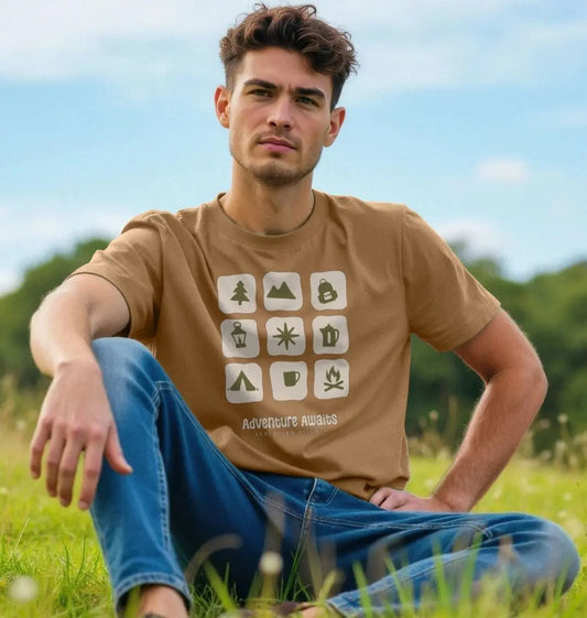 Adventure Awaits Men’s T-Shirt Sand Sustainable men’s camping graphic t-shirt