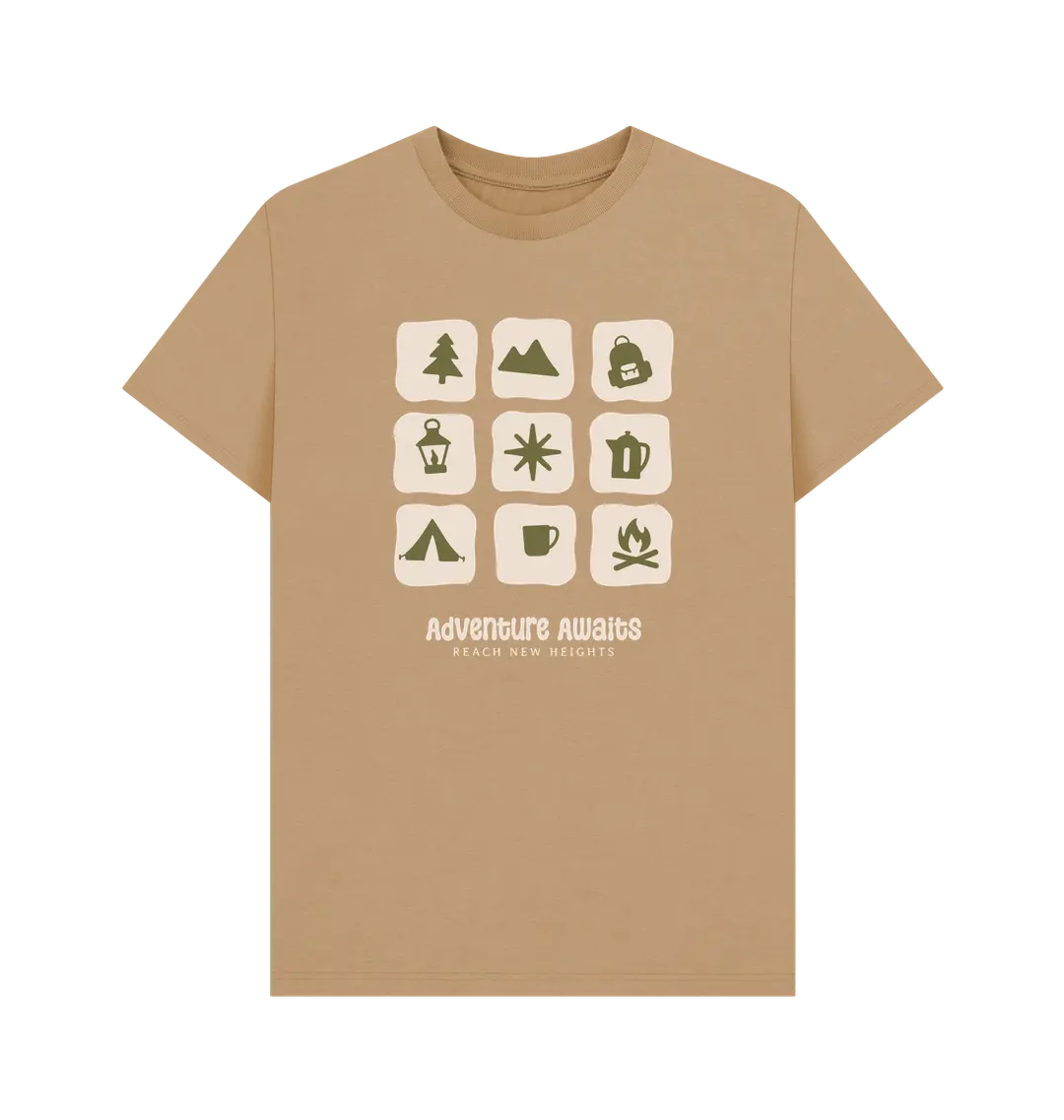 Sand Printed T-shirt Front Men’s organic cotton adventure awaits graphic tee