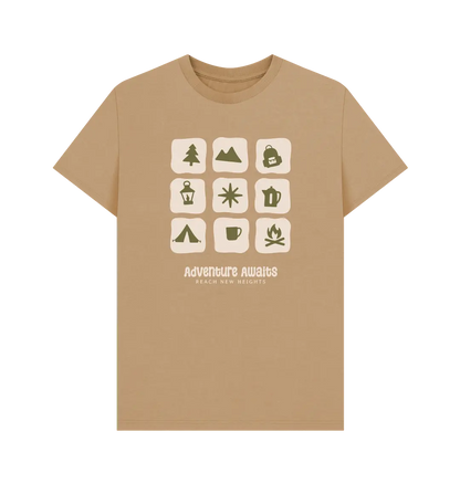 Sand Printed T-shirt Front Men’s organic cotton adventure awaits graphic tee