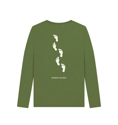 Khaki Printed Long Sleeve T Shirt Back Eco-friendly organic cotton women’s barefoot lifestyle shirt