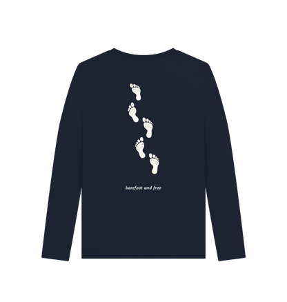 Navy Blue Printed Long Sleeve T Shirt Back Women’s long sleeve outdoor shirt with barefoot and free motif