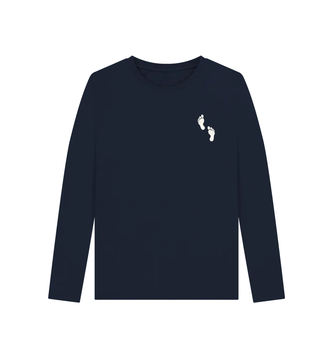 Navy Blue Printed Long Sleeve T Shirt Front Sustainable women’s adventure long sleeve top with footprints graphic