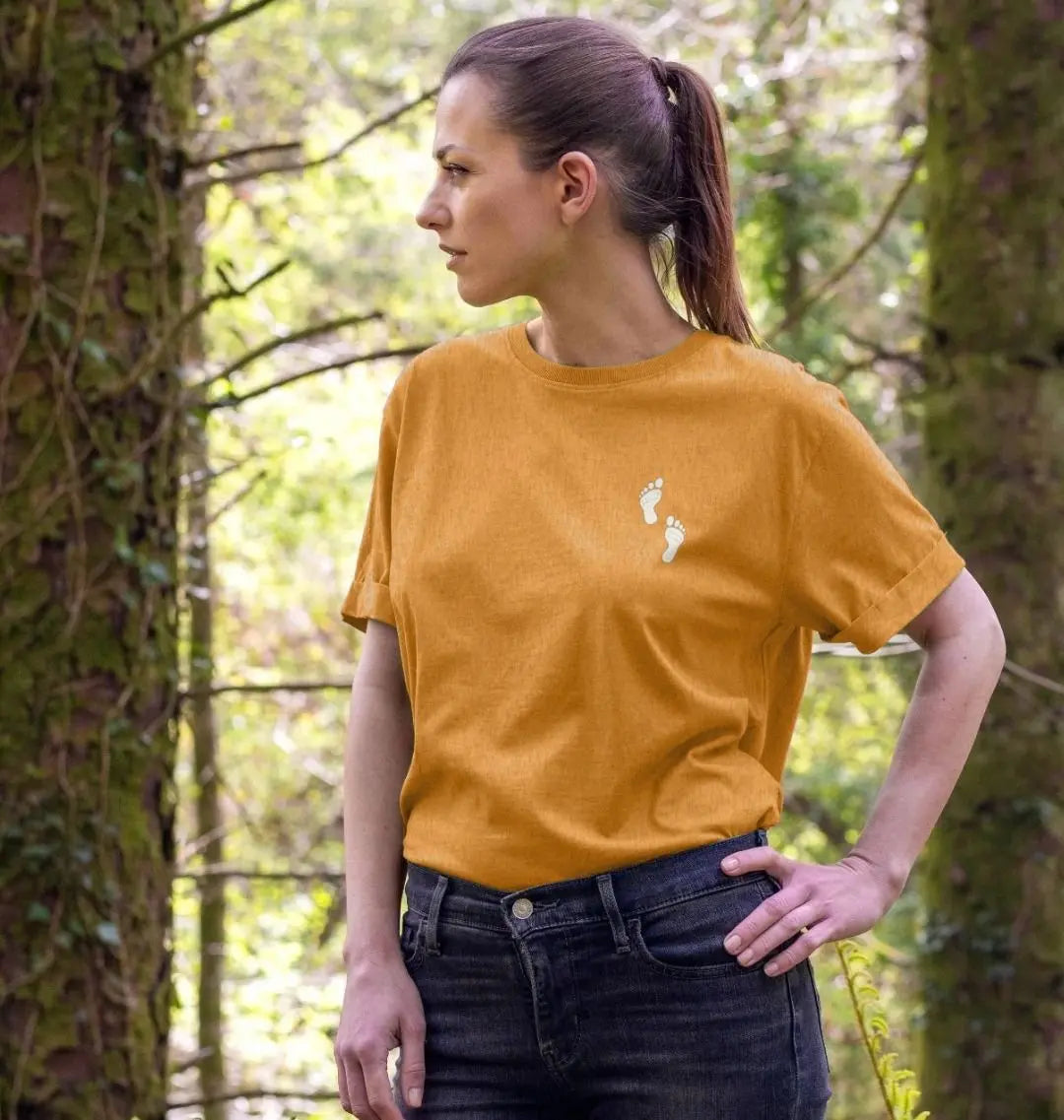Yellow Organic cotton women’s adventure recycled t-shirt with footprints graphic