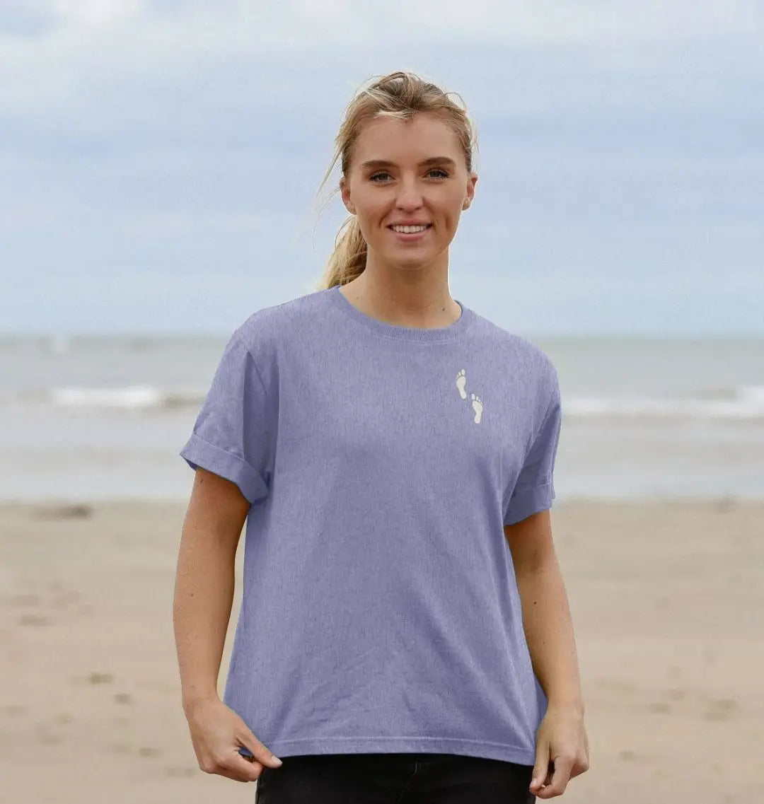 Barefoot and Free women’s purple t-shirt with footprints design