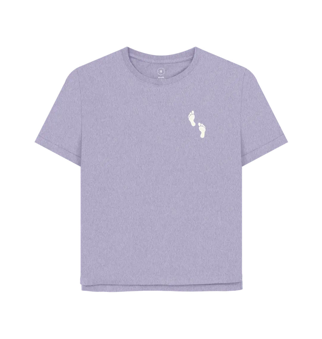 Lavender Printed T-shirt Front Sustainable women’s footprints adventure t-shirt