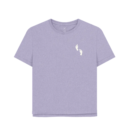 Lavender Printed T-shirt Front Sustainable women’s footprints adventure t-shirt