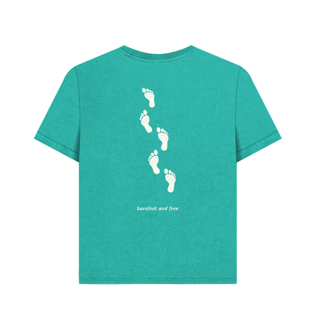 Seagrass Green Printed T-shirt Back Organic cotton women’s adventure t-shirt with footprints graphic