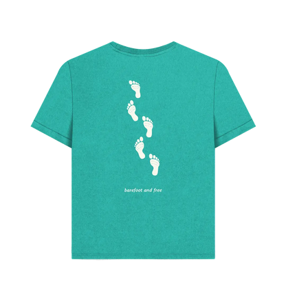 Seagrass Green Printed T-shirt Back Organic cotton women’s adventure t-shirt with footprints graphic